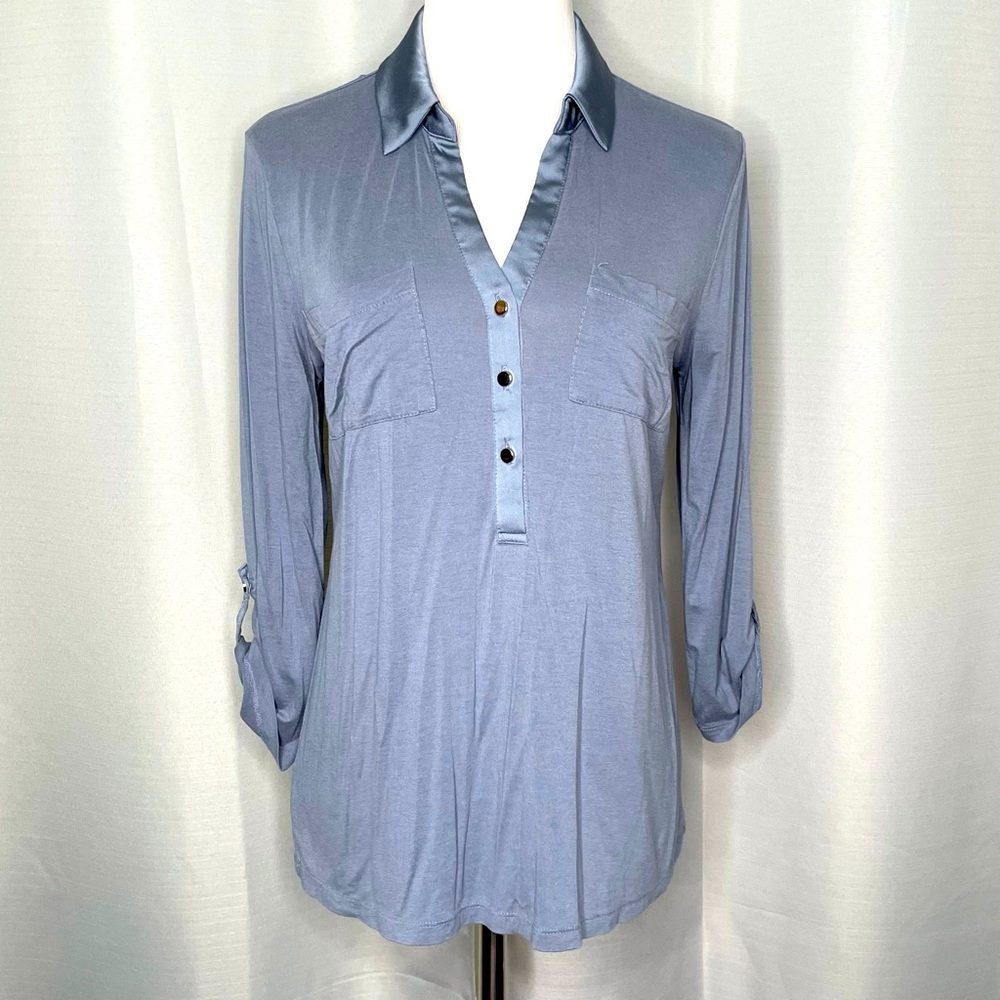 Ann Taylor satin trim roll tab sleeve top